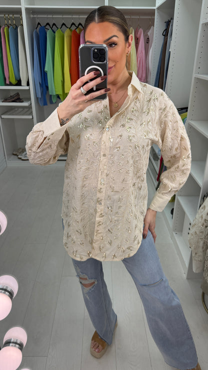 Kira Embellished Leaf Longline Dipped Hem Shirt