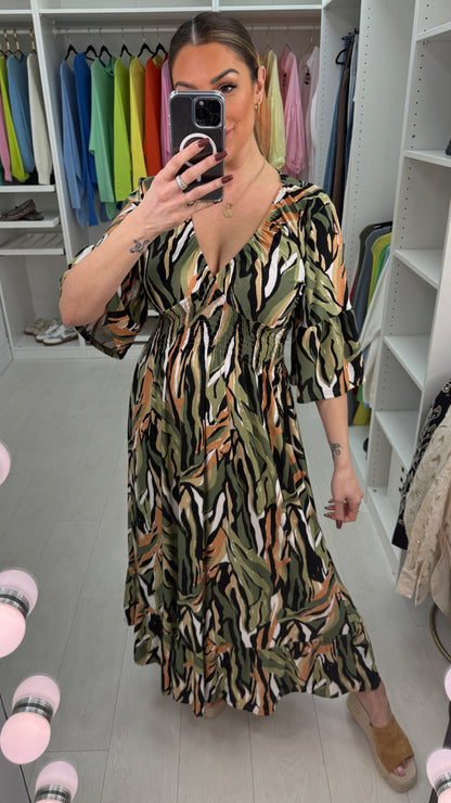 Oliva Abstract Print V Neck Magic Maxi Dress