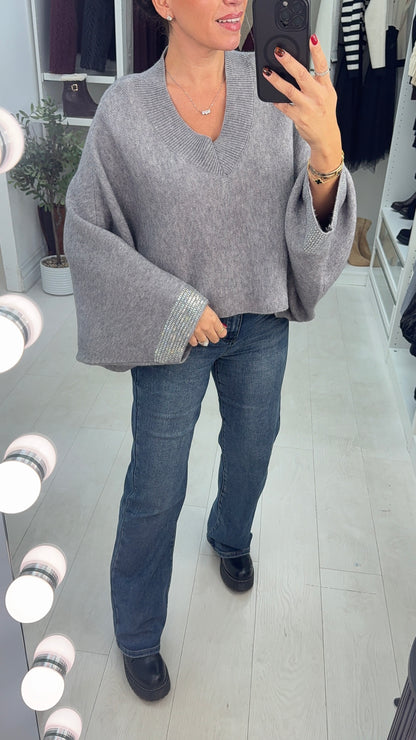 Ramona Plain Diamante Sleeve Detail Loose Fit Jumper