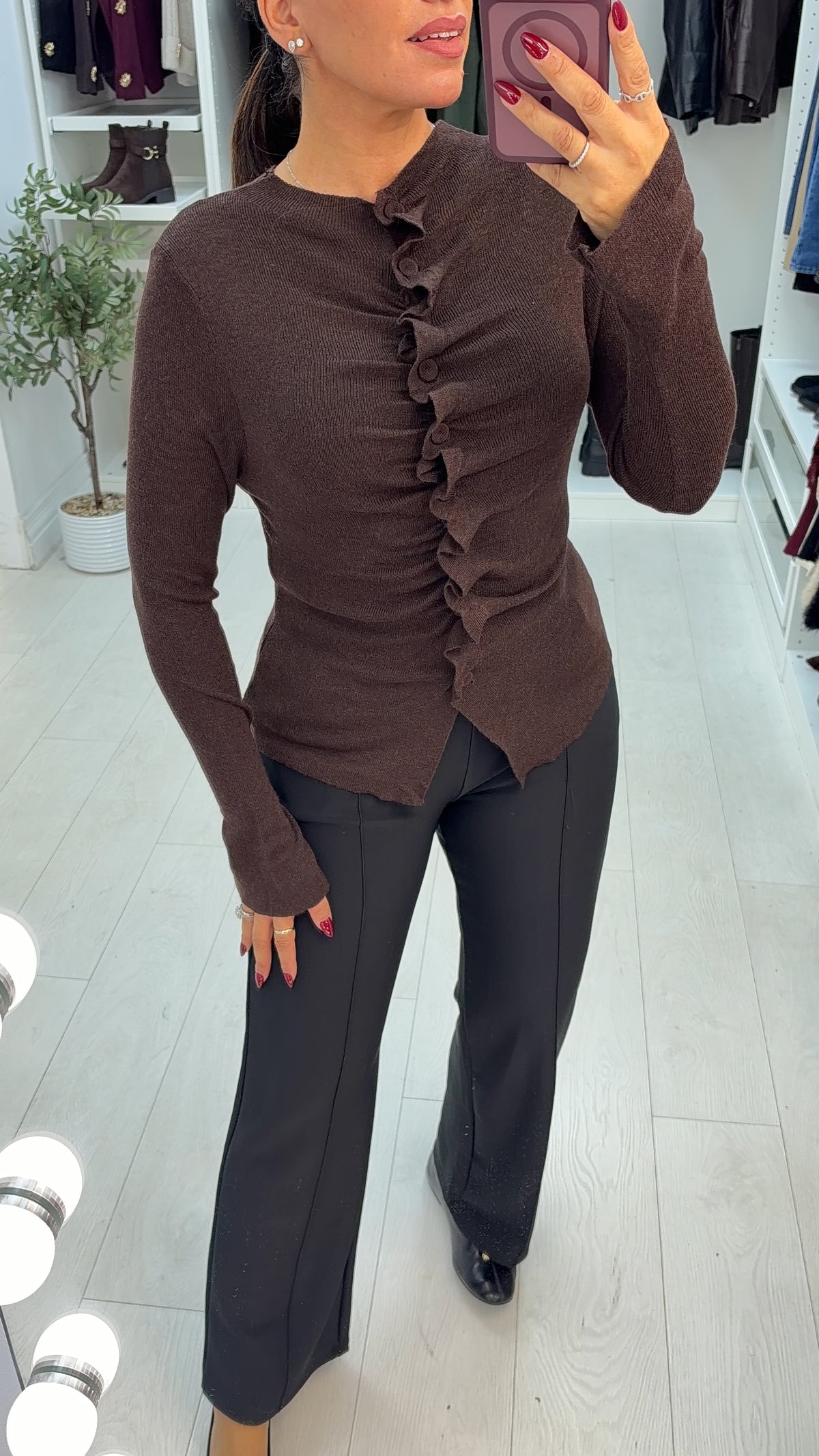 Silvanna Plain Runched Button Front Knit Top