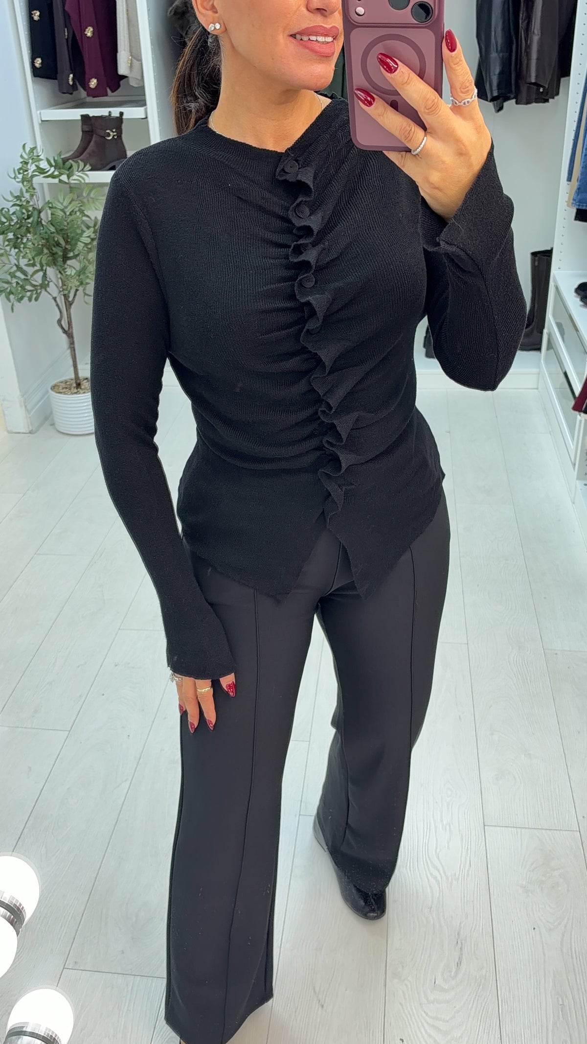Silvanna Plain Runched Button Front Knit Top