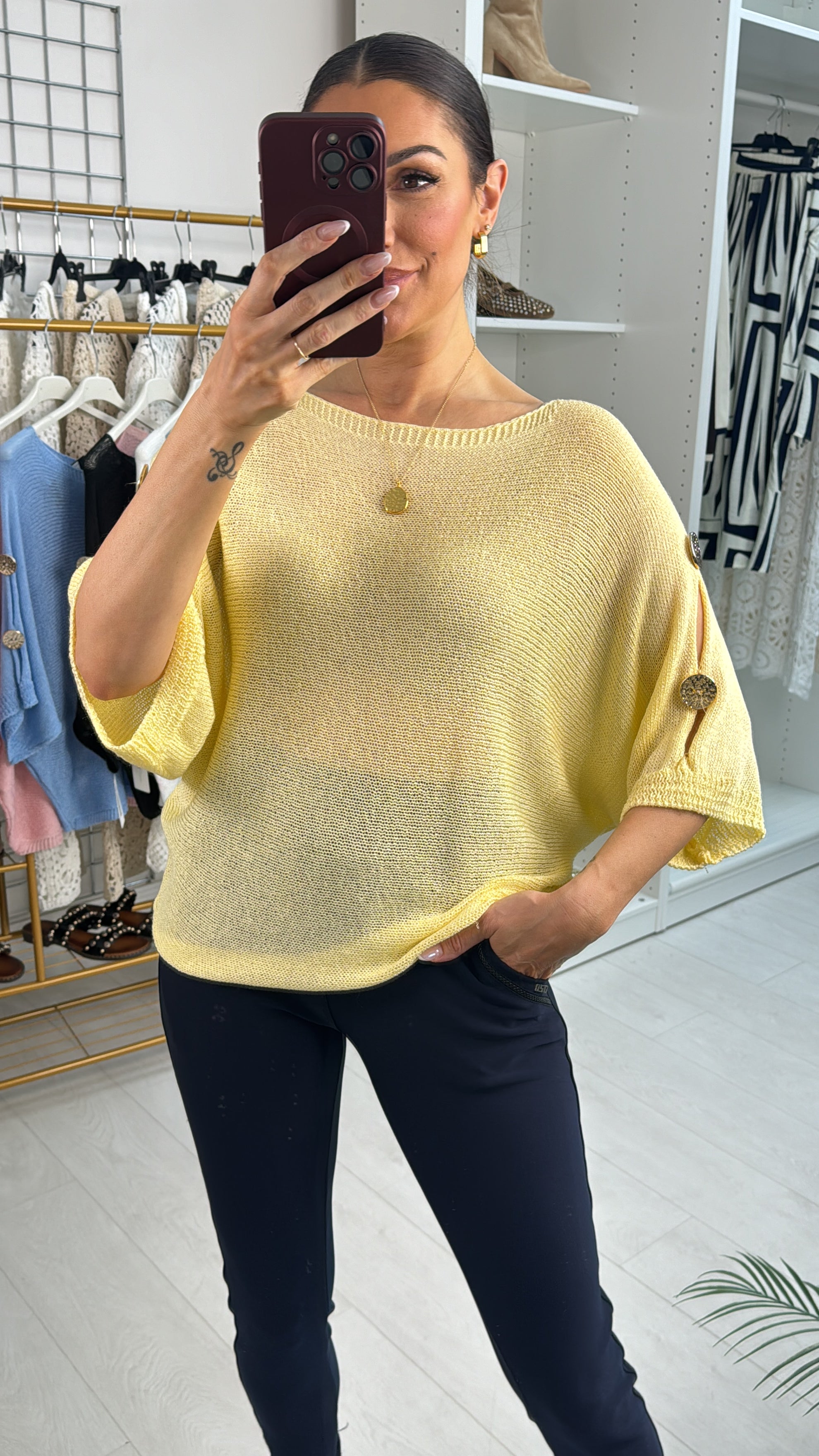 Neeve 3/4 Sleeve Button Detail Thin Knit Jumper