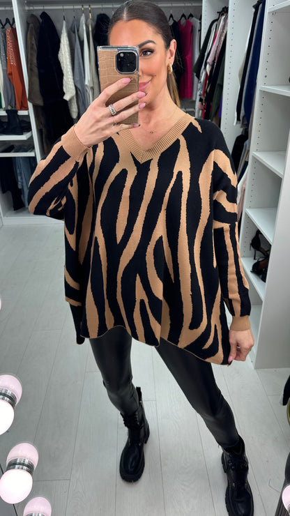 Liah Animal Print Oversized V Neck Jumper