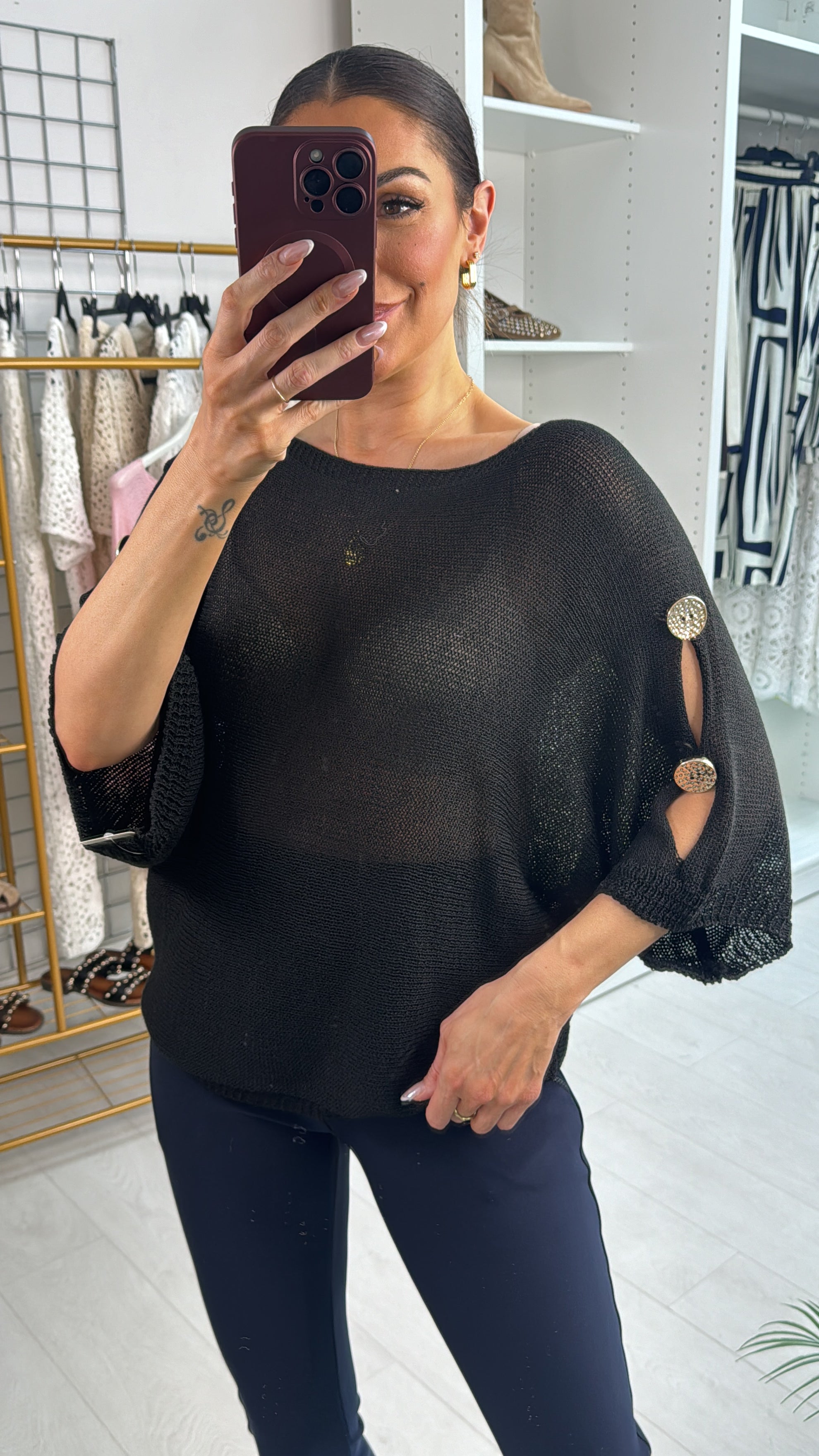 Neeve 3/4 Sleeve Button Detail Thin Knit Jumper