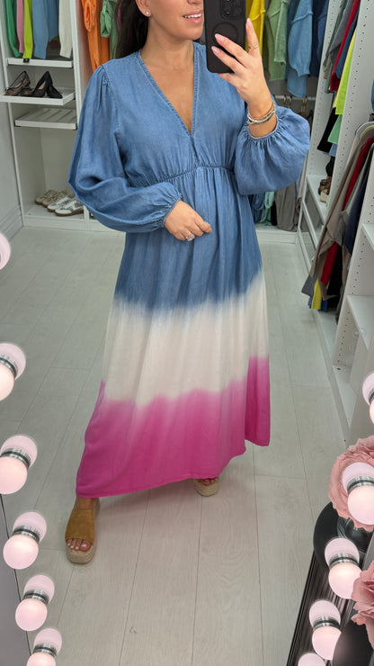 Julia Deep V Neck Denim Ombre Maxi Dress