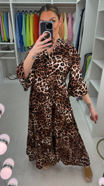 Helen Tan Leopard Print Button Front Smock Dress