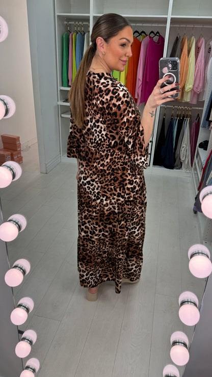 Helen Tan Leopard Print Button Front Smock Dress