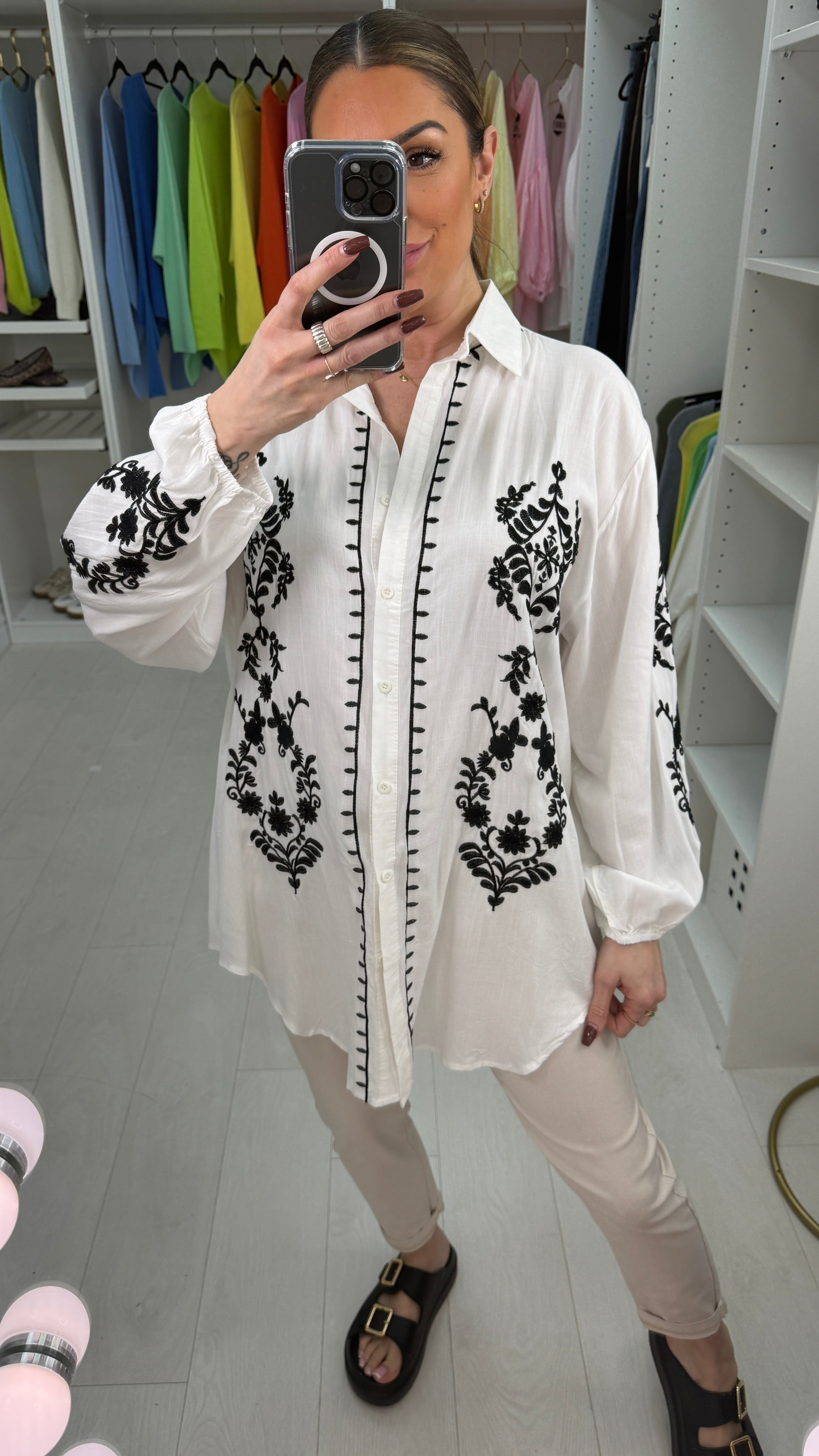 Keyla Embroidered Longline Dipped Hem Shirt