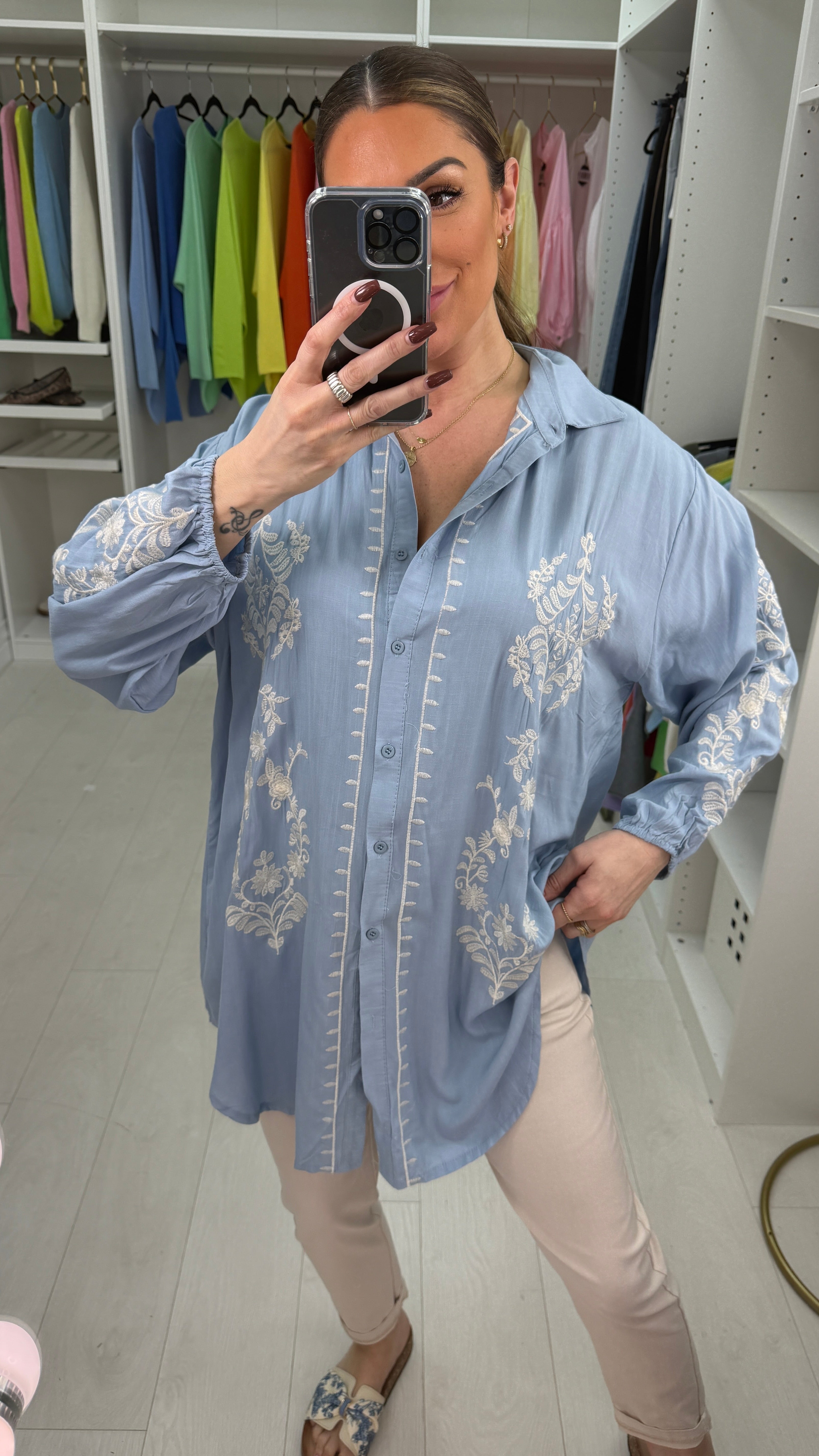 Keyla Embroidered Longline Dipped Hem Shirt