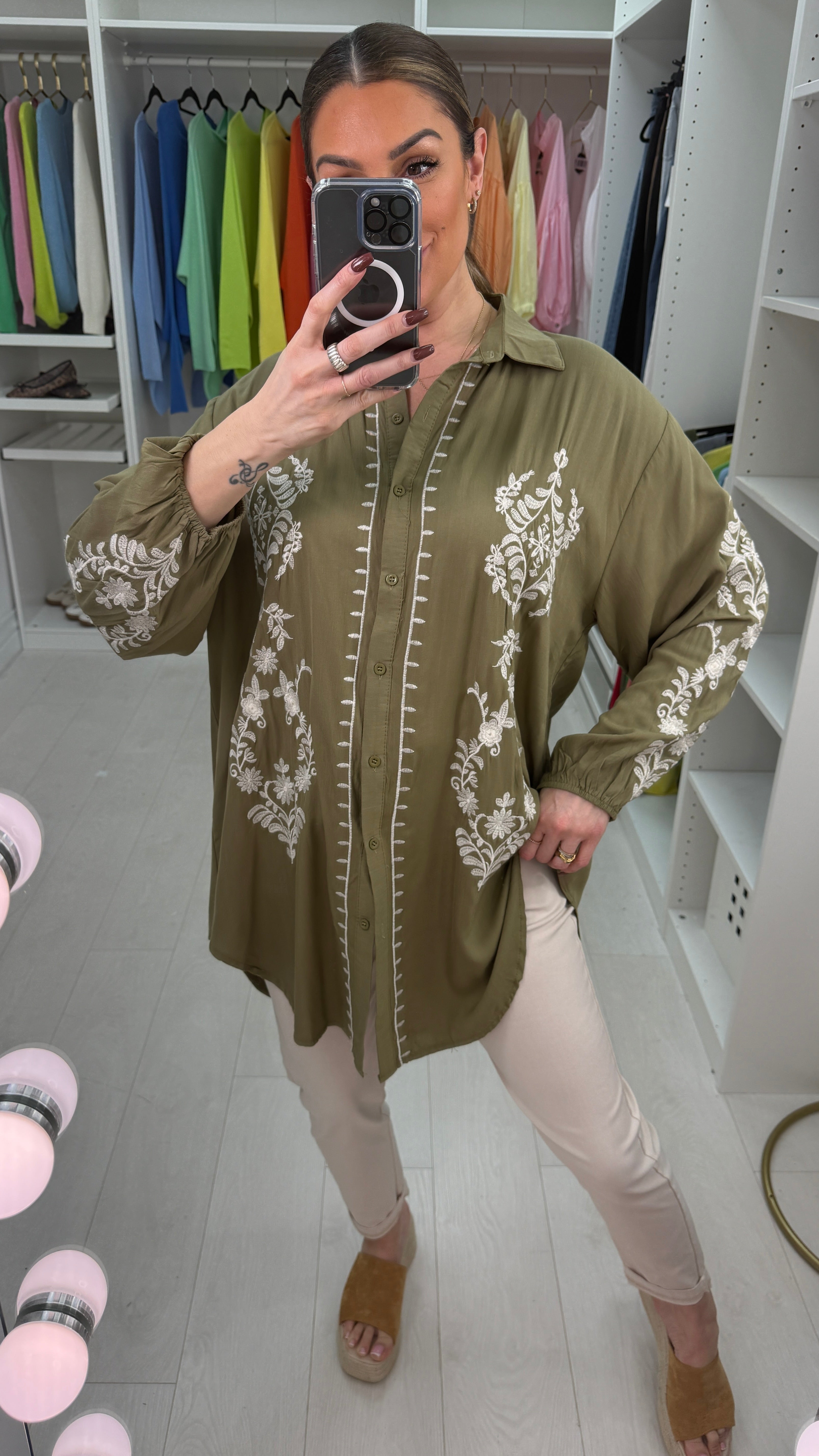 Keyla Embroidered Longline Dipped Hem Shirt