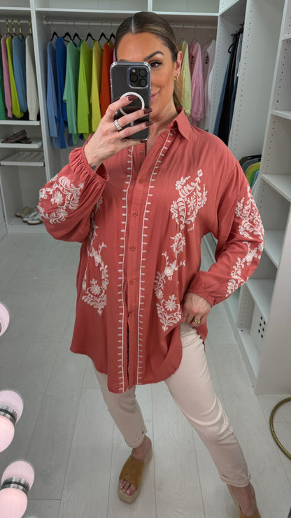 Keyla Embroidered Longline Dipped Hem Shirt