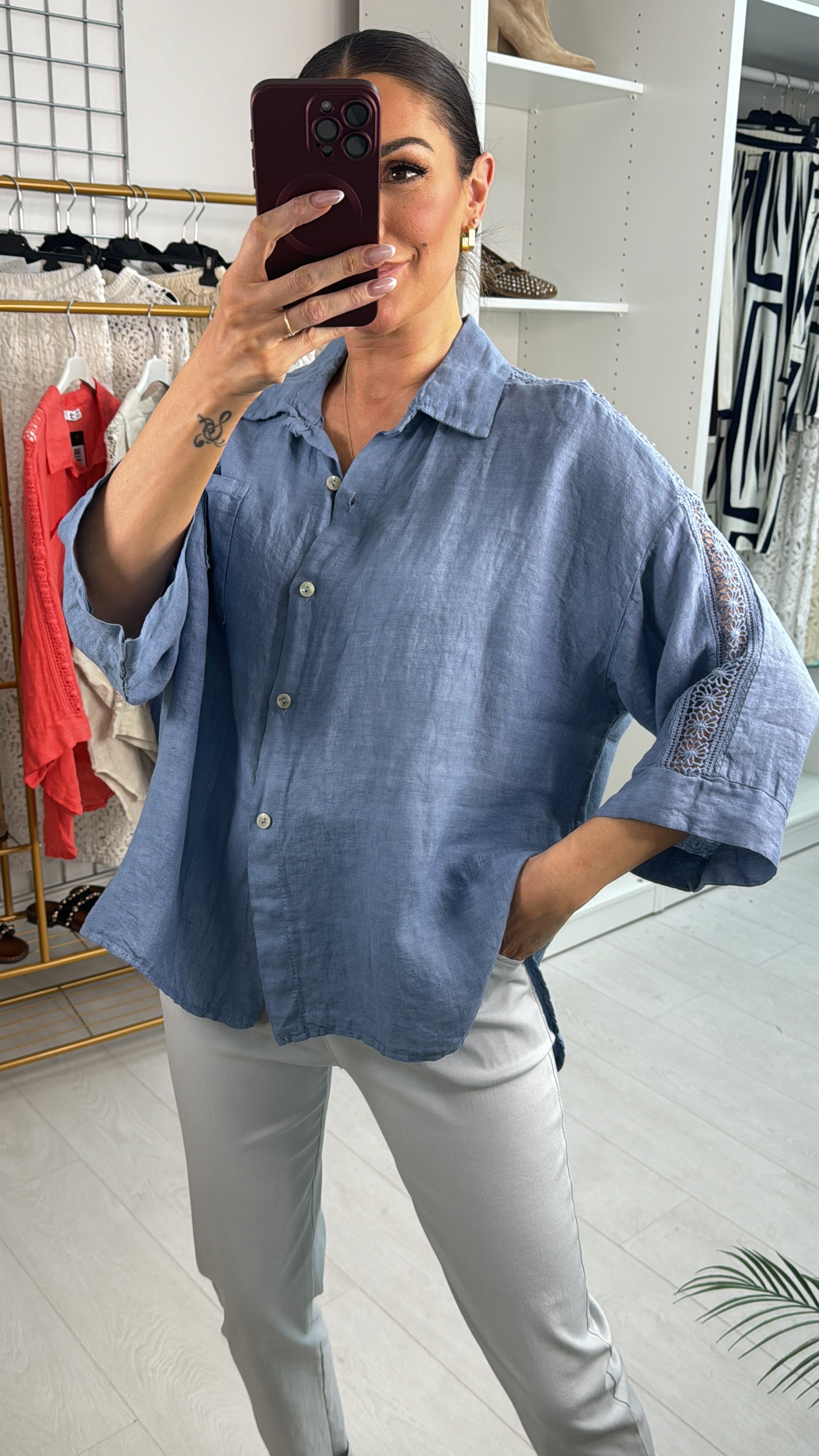 Ezryn Crochet Detail Linen Shirt