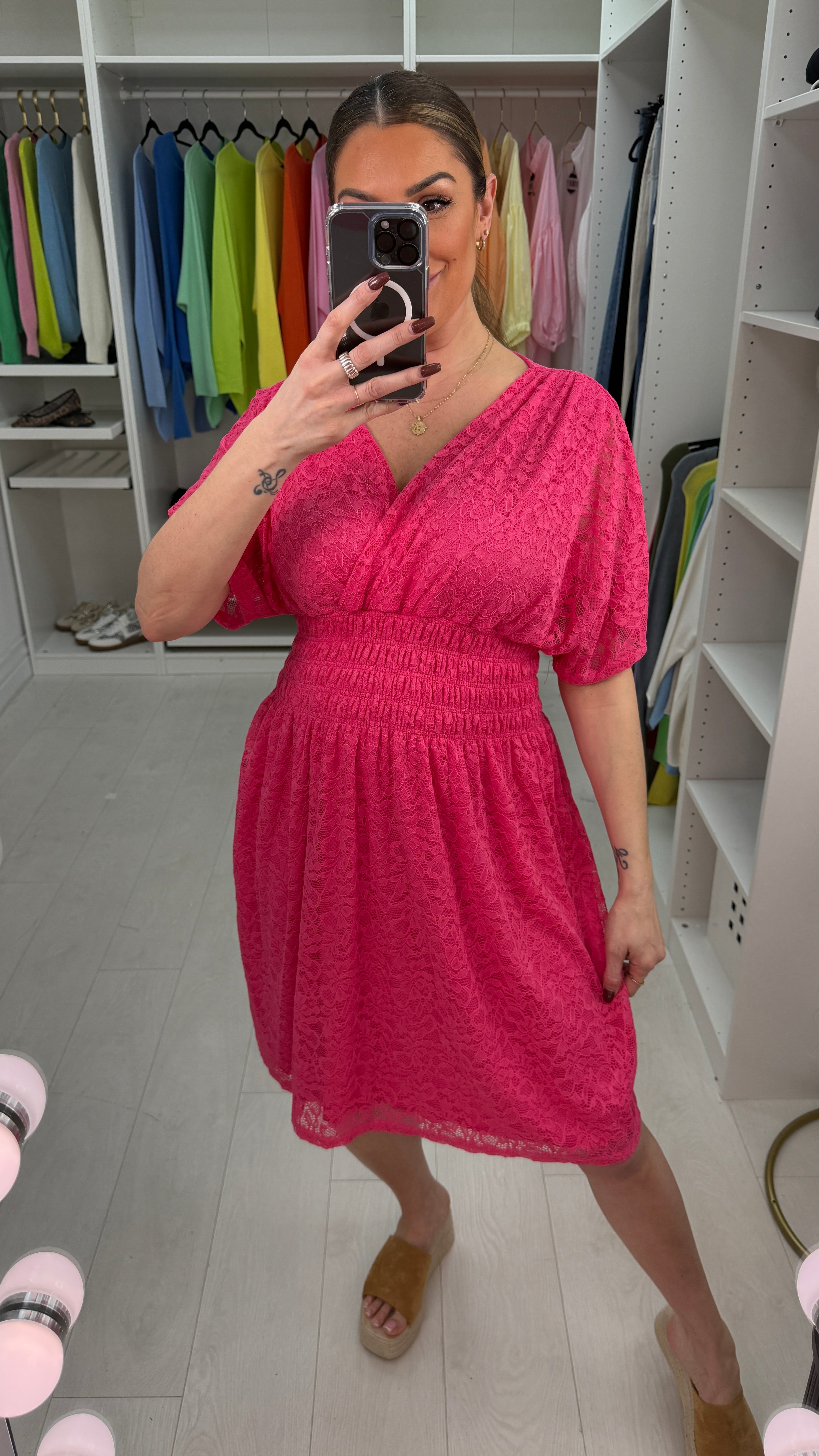 Philia Floral Lace Detailed Shirred Waist Midi Dress