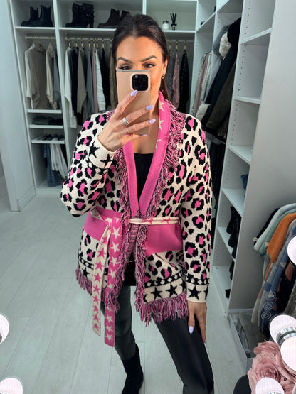 Rayan Cheetah Pattern Belted Cardigan