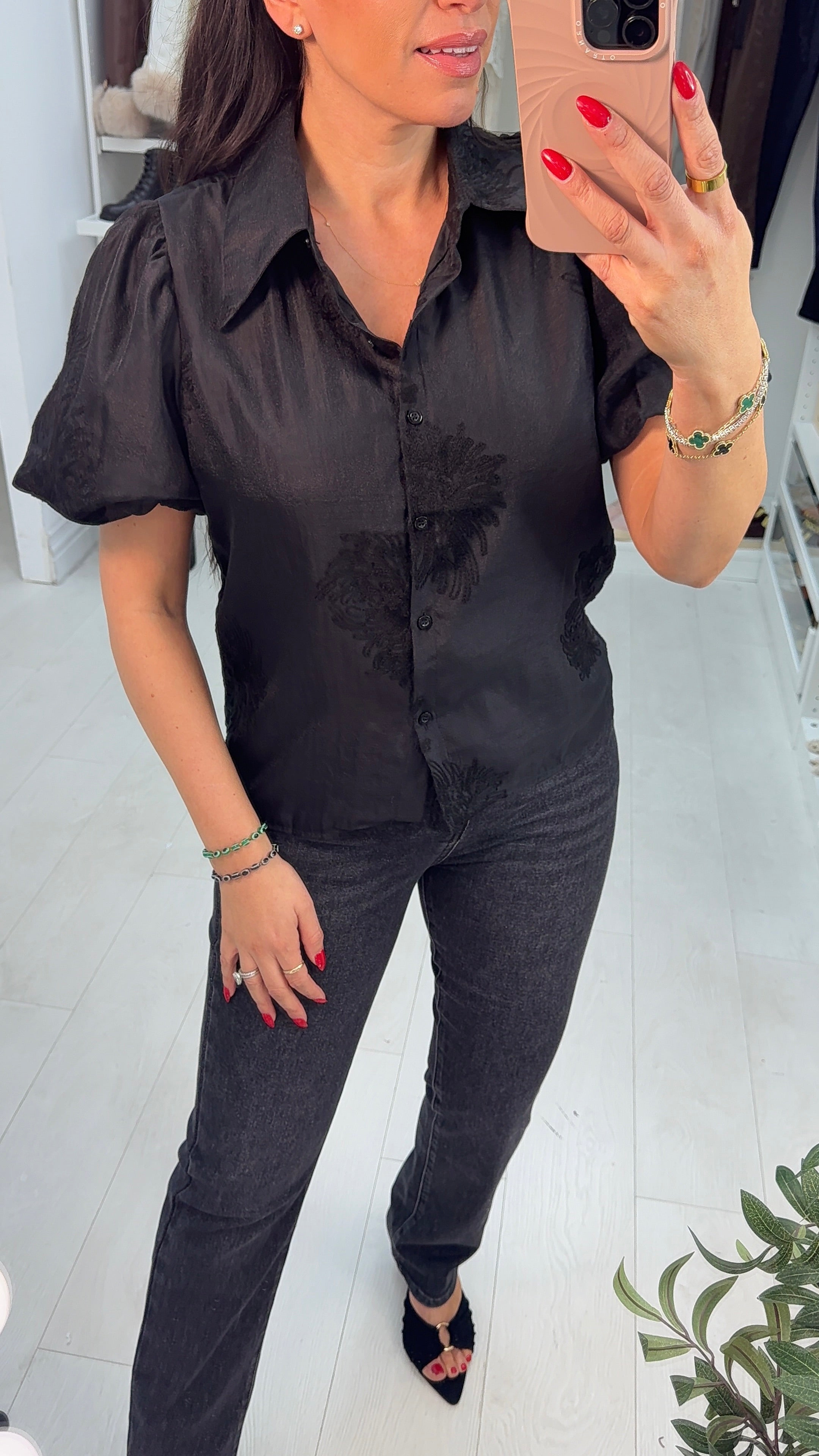 Calianna Black Embroidered Ballon Sleeve Blouse