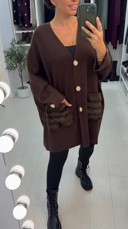 Quintana Faux Fur Pocket Detail Loose Fit Cardigan