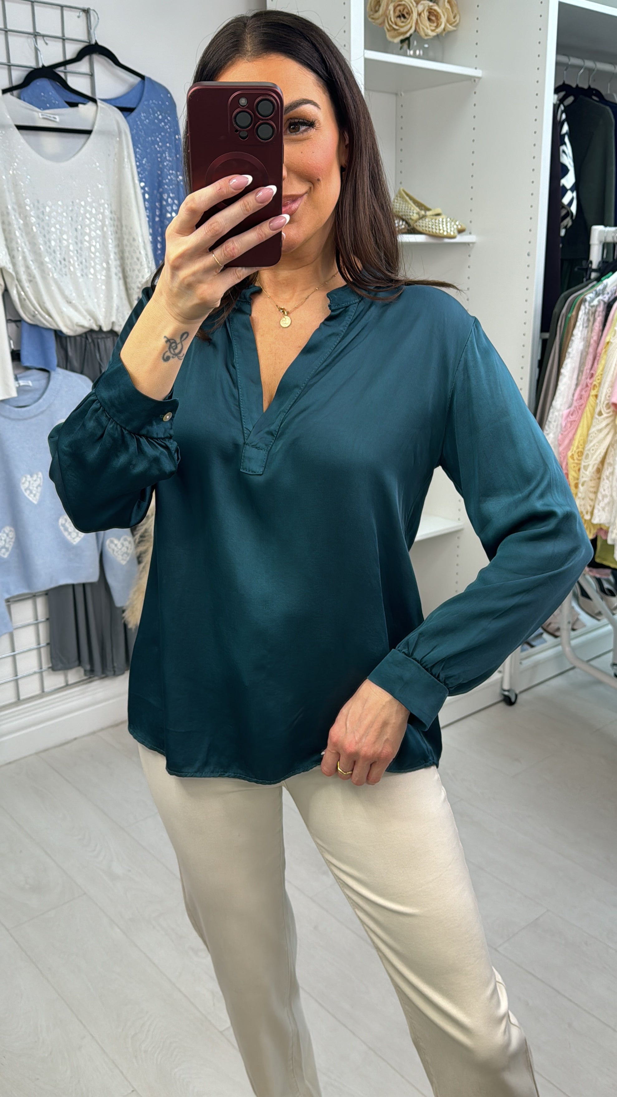 Fida Plain Satin V Neck Blouse