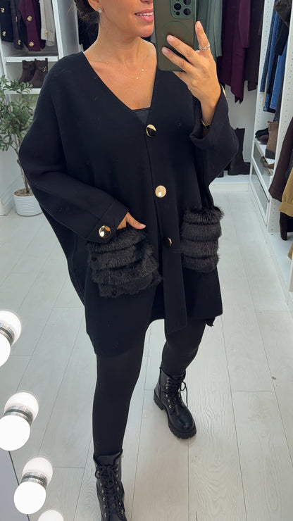 Quintana Faux Fur Pocket Detail Loose Fit Cardigan