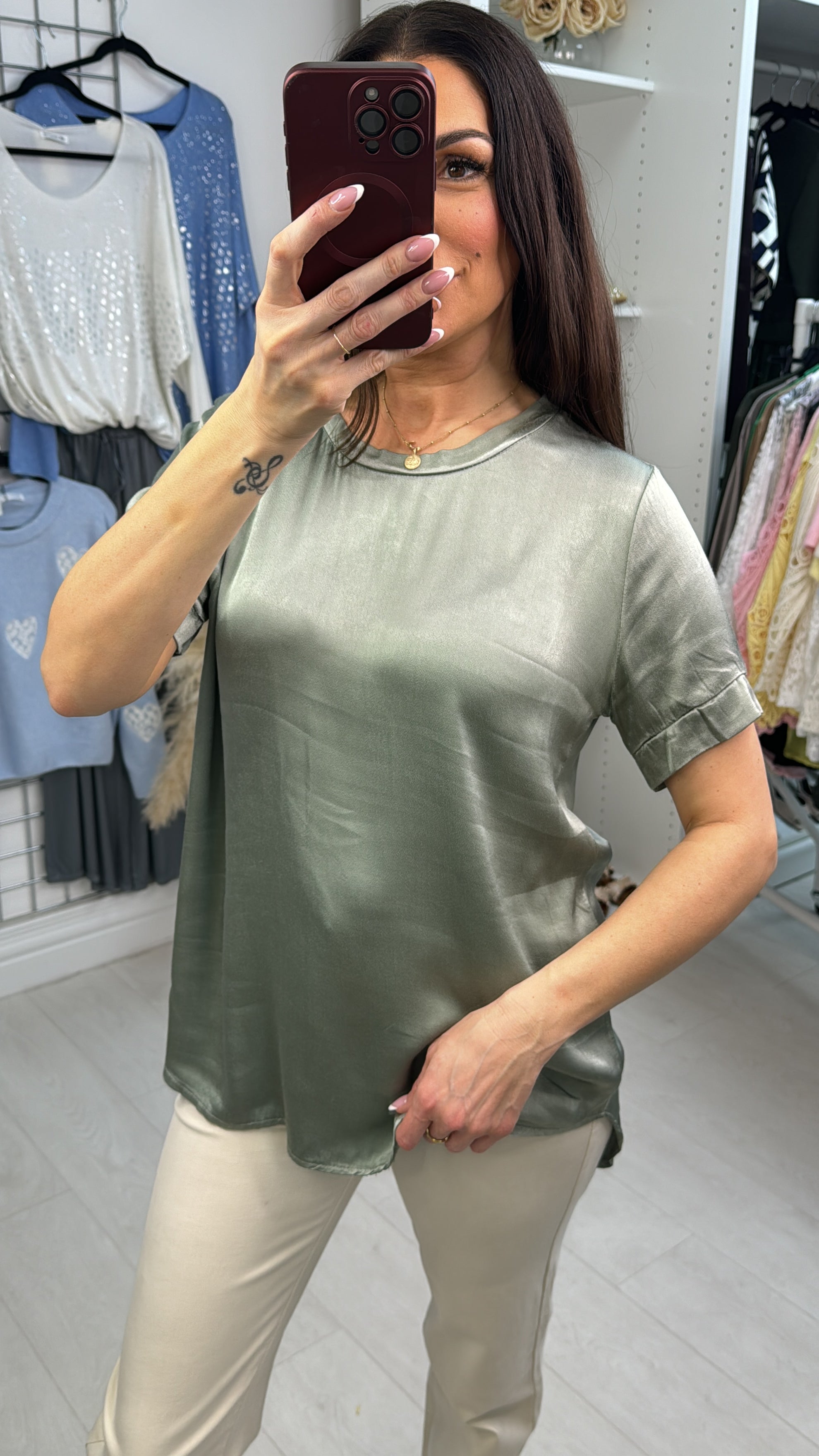 Letita Plain Satin Dipped Hem Short Sleeve Top