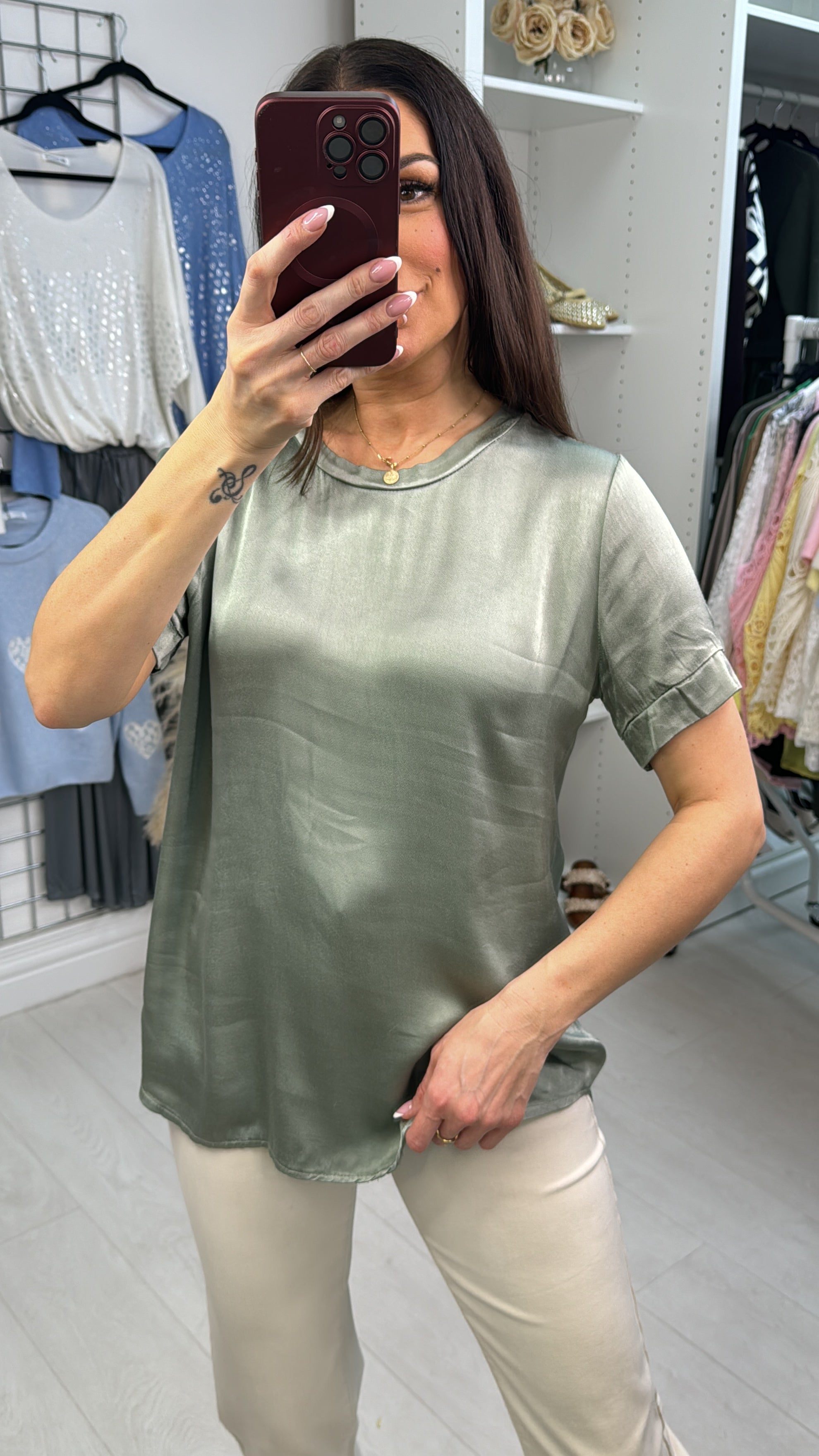 Letita Plain Satin Dipped Hem Short Sleeve Top