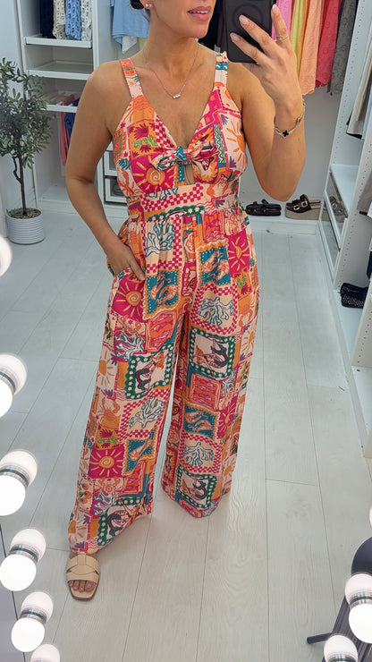 Leigh Abstract Print Tie Front Jumpsuit