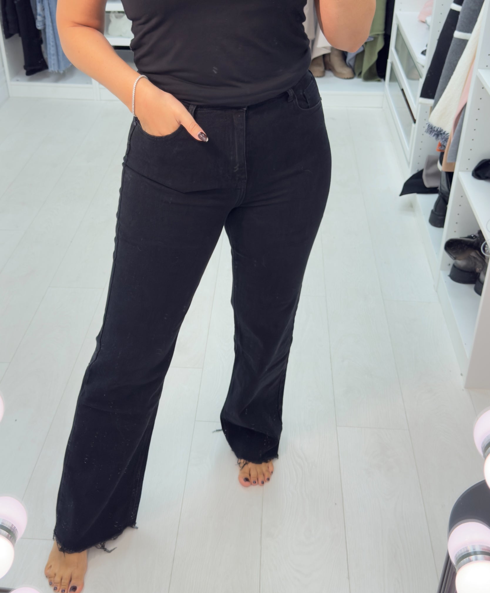 Lianne Black Straight Leg Distressed Hem Jeans