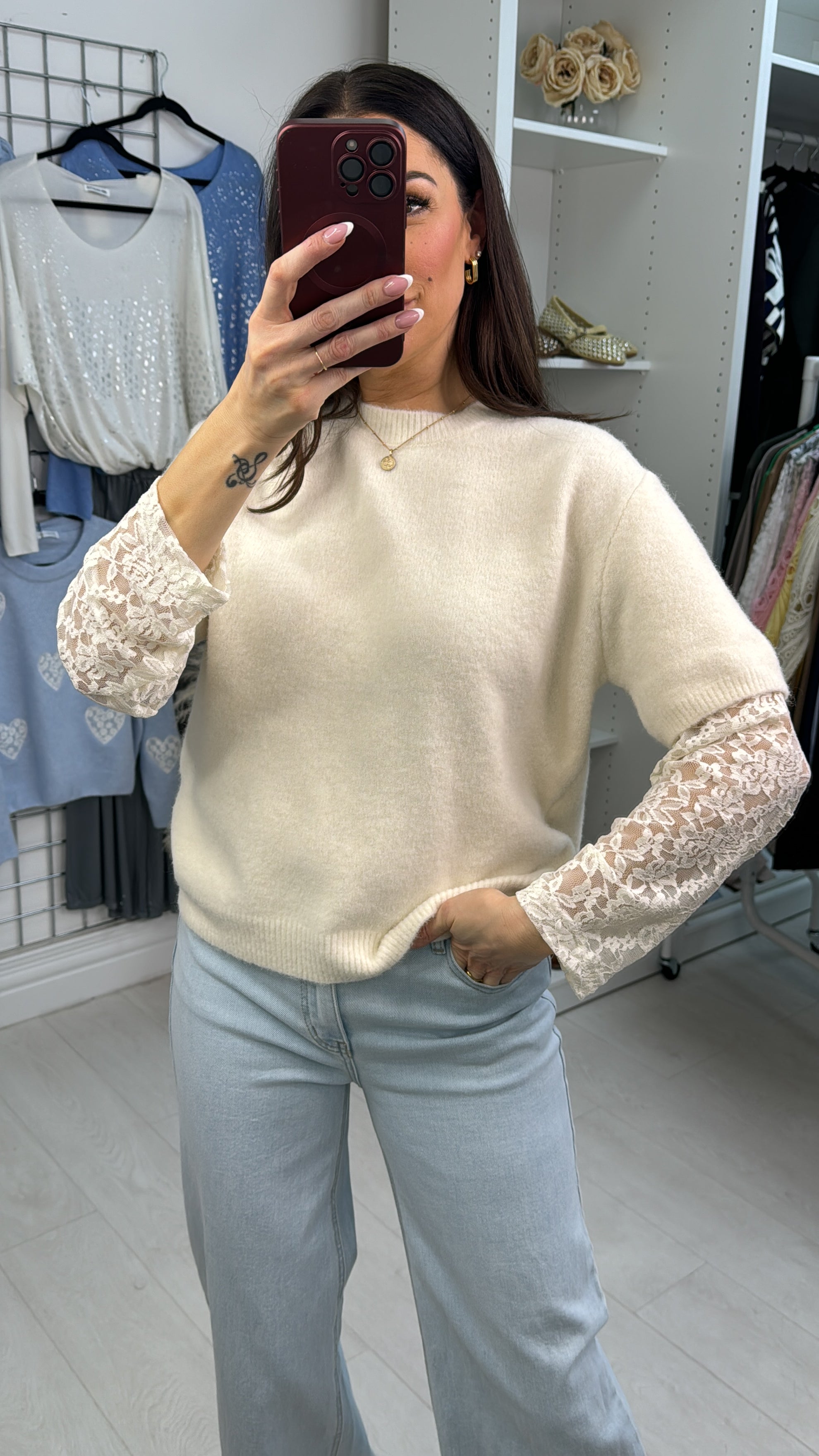 Damaris Lace Sleeve Round Neck Soft Jumper