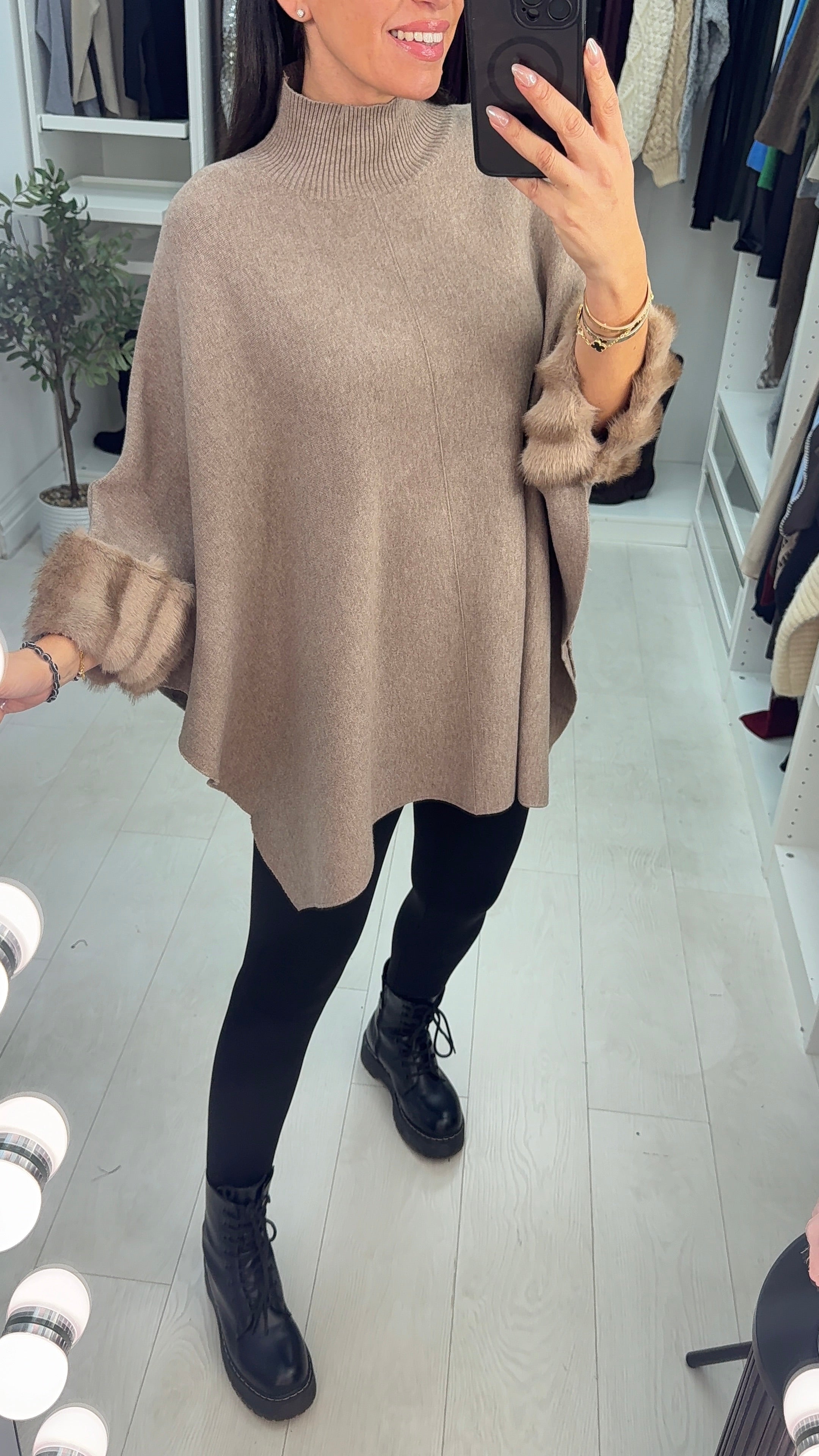 Pheobe Plain High Neck Faux Fur Detail Poncho