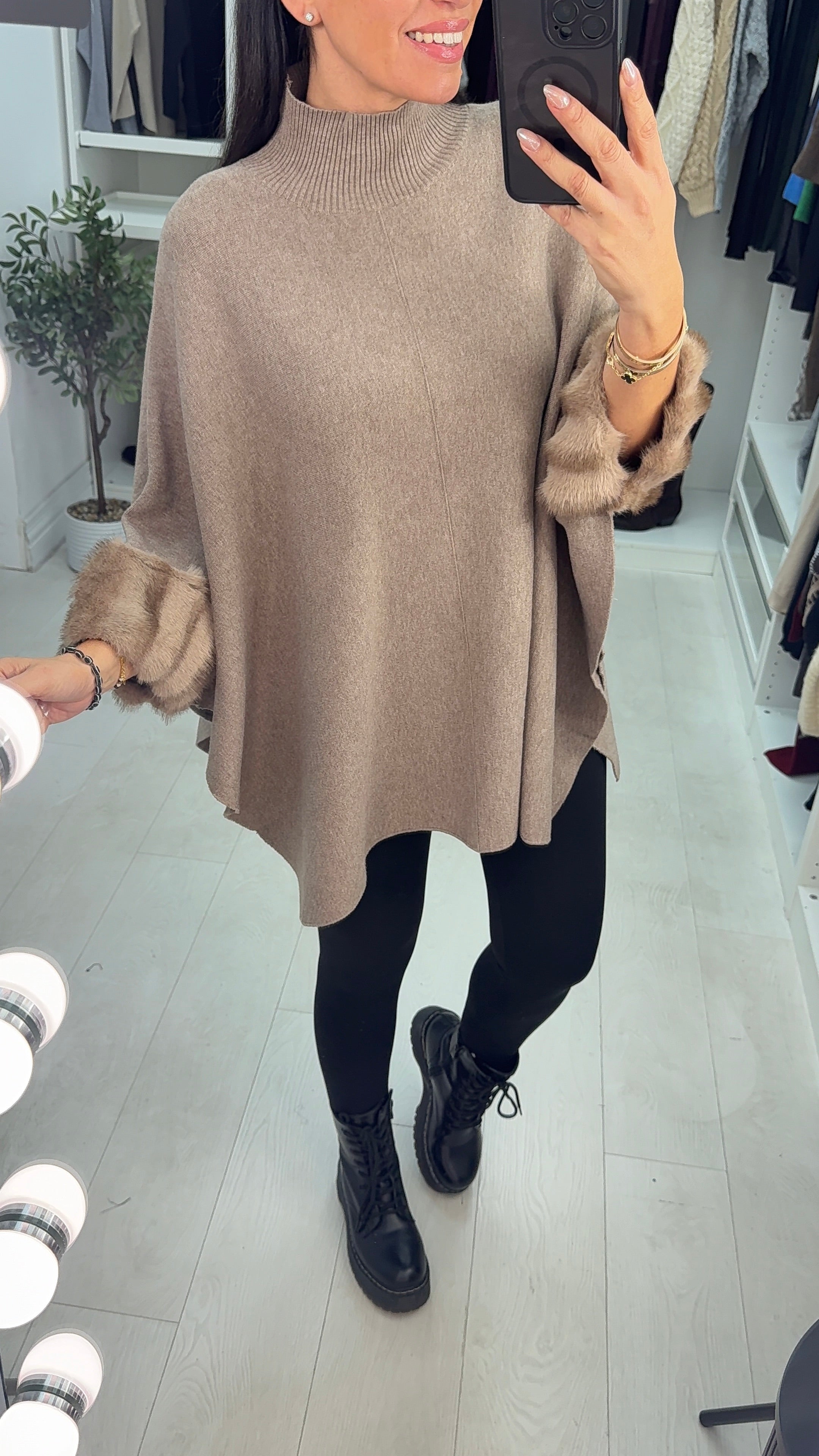 Pheobe Plain High Neck Faux Fur Detail Poncho