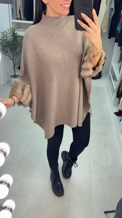 Pheobe Plain High Neck Faux Fur Detail Poncho