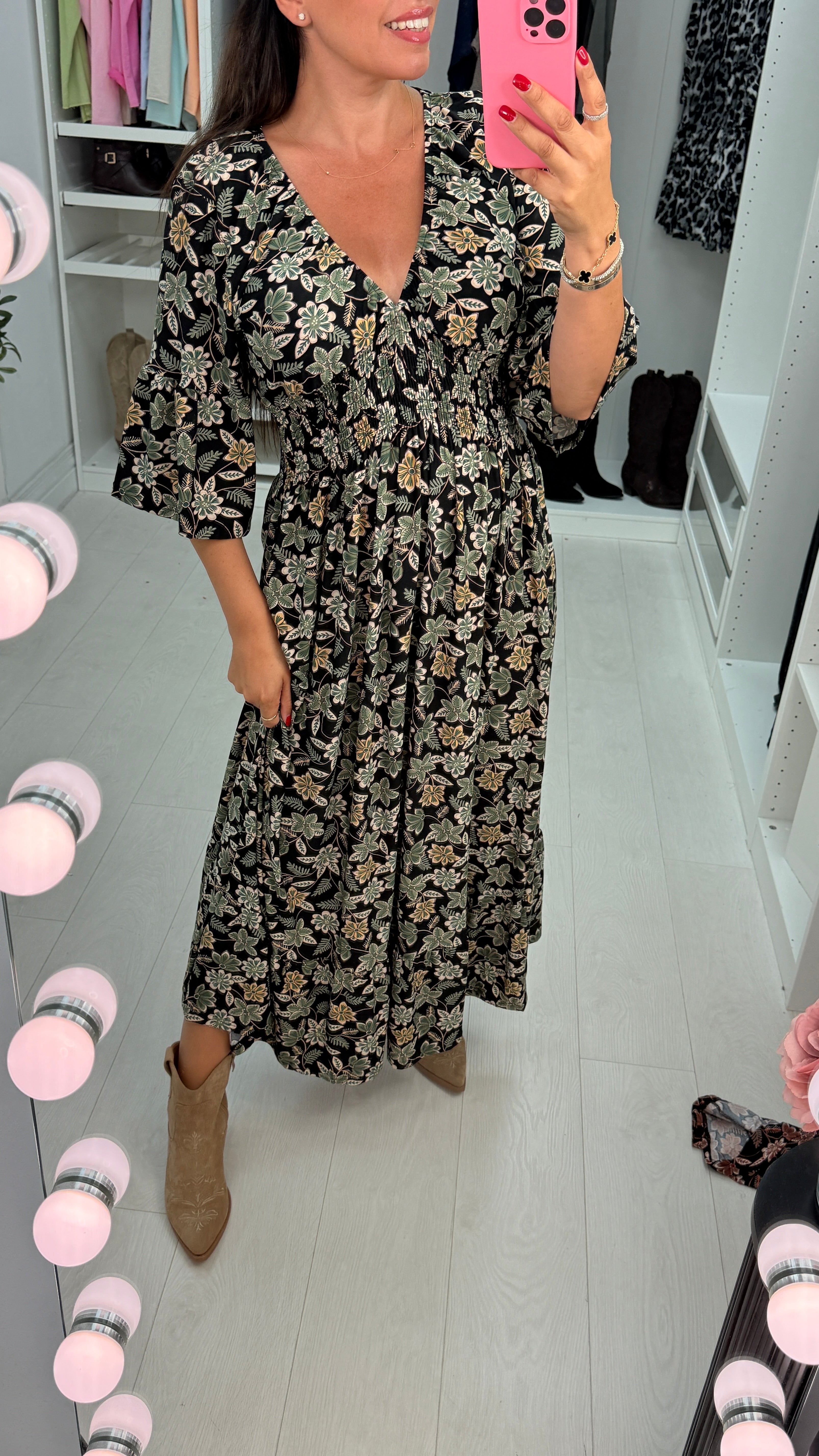 Breanne Floral Print Shirred Waist Magic Maxi Dress
