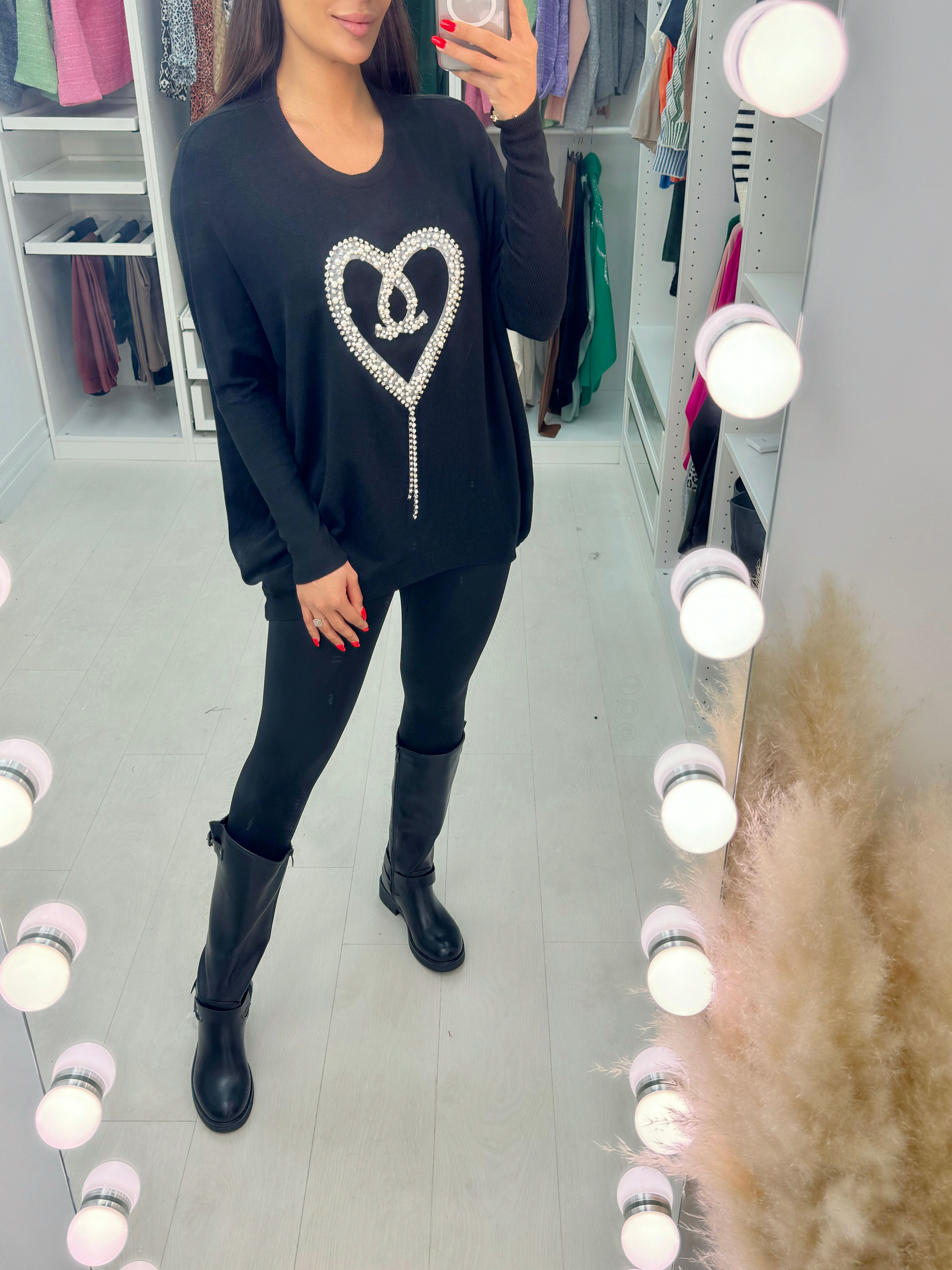 Jona Diamante & Pearl Heart Detailed Knitted Jumper