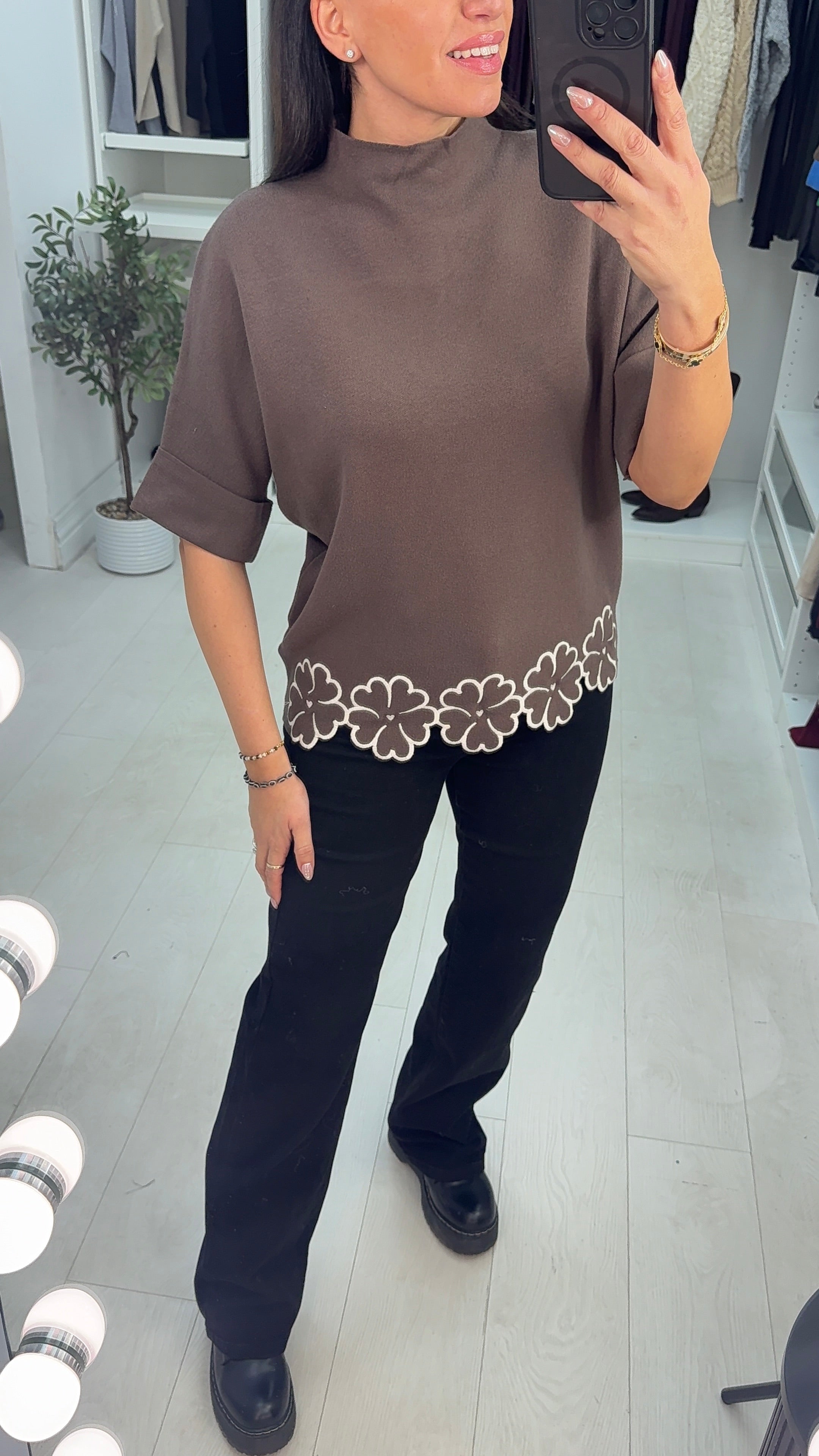 Bethie Plain Floral Trim High Neck Jumper