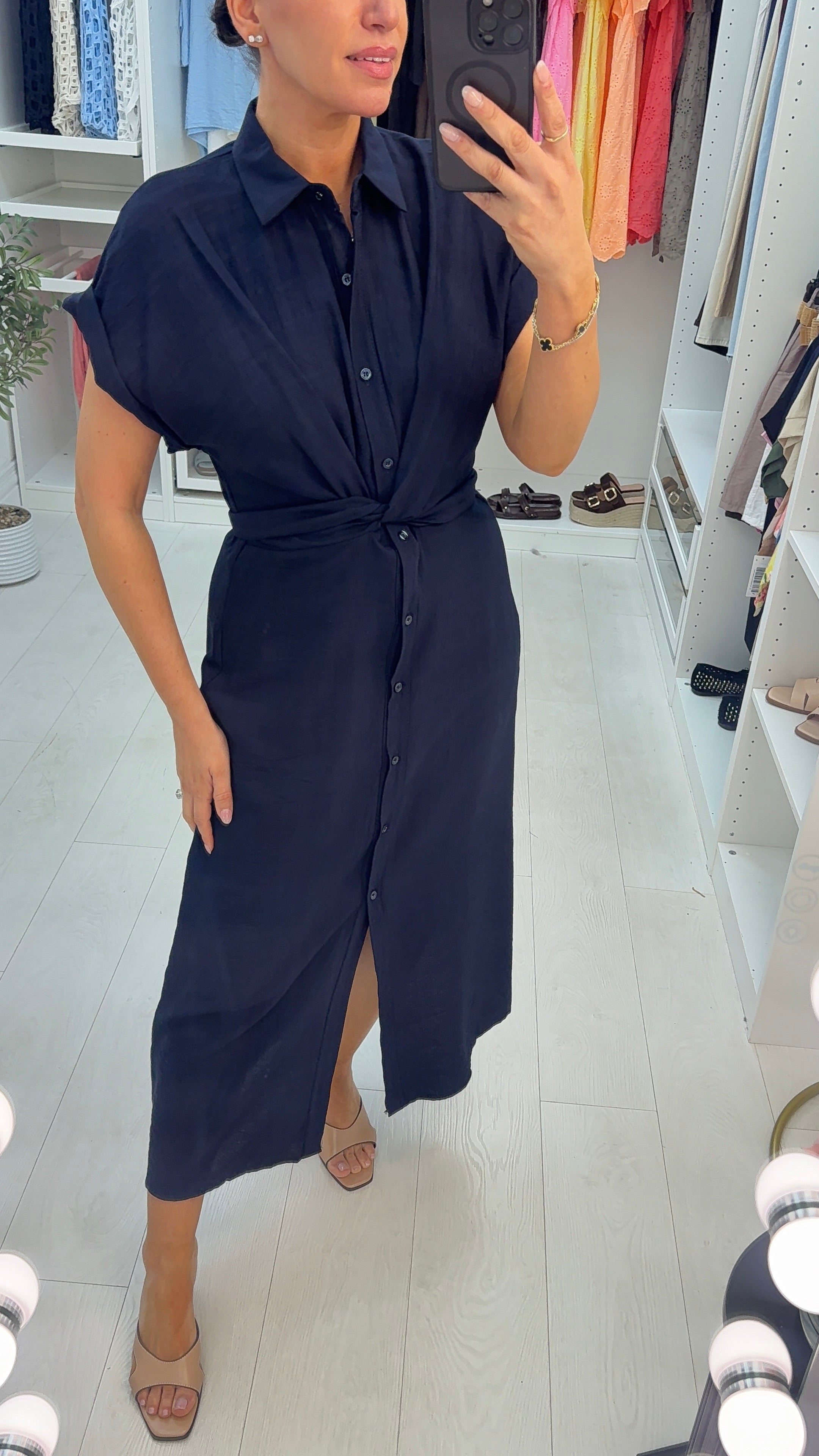 Louie Plain Tie Front Maxi Shirt Dress