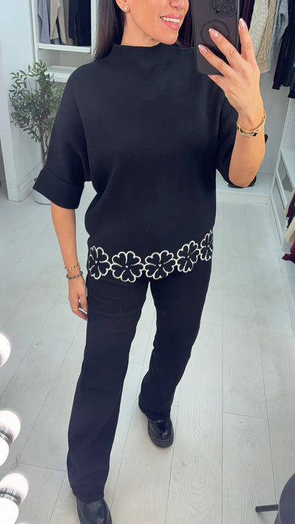 Bethie Plain Floral Trim High Neck Jumper