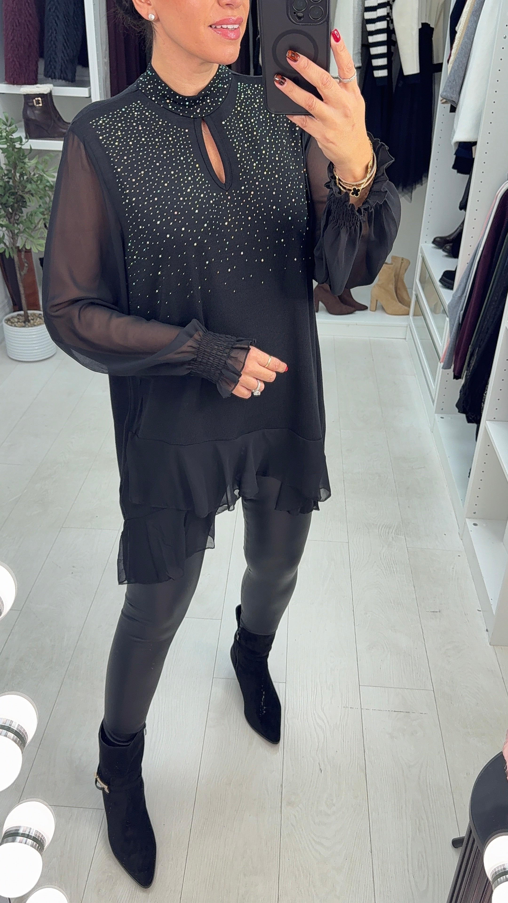 Imania Embellished Loose Fit Longline Mesh Detailed Top