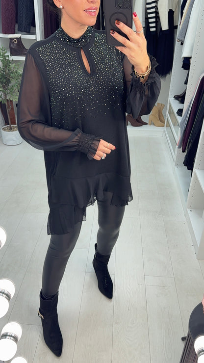 Imania Embellished Loose Fit Longline Mesh Detailed Top