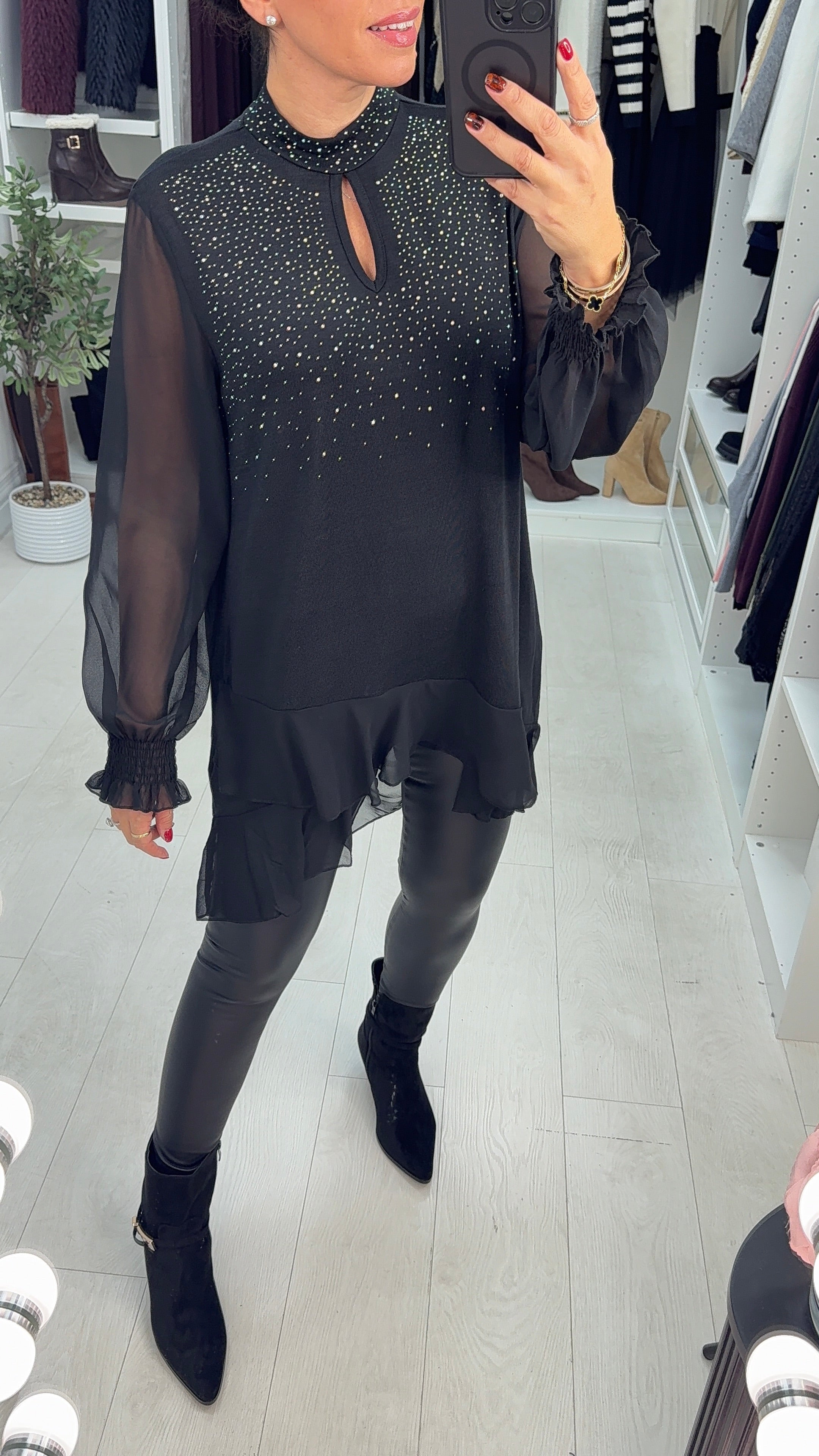 Imania Embellished Loose Fit Longline Mesh Detailed Top