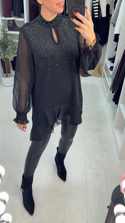 Imania Embellished Loose Fit Longline Mesh Detailed Top