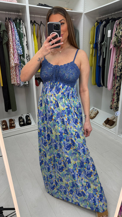 Falisha Watercolour Print Crochet Bust Maxi Dress