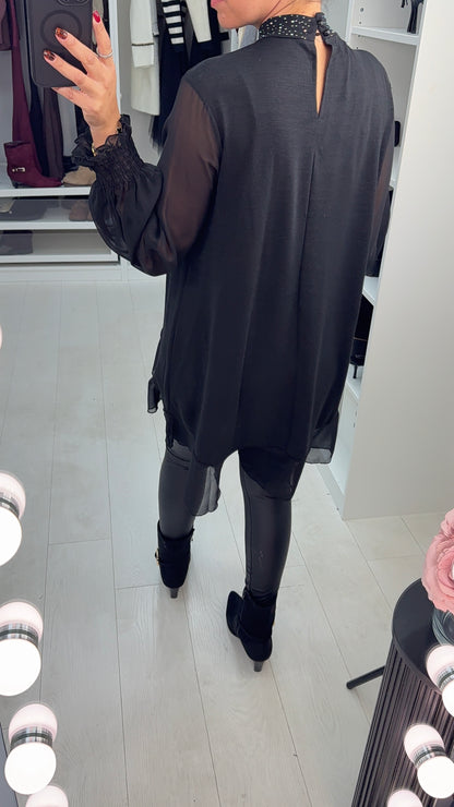 Imania Embellished Loose Fit Longline Mesh Detailed Top