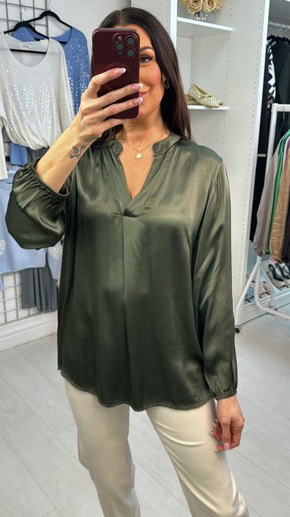 Lilou Plain V Neck Elasticated Cuff Satin Blouse