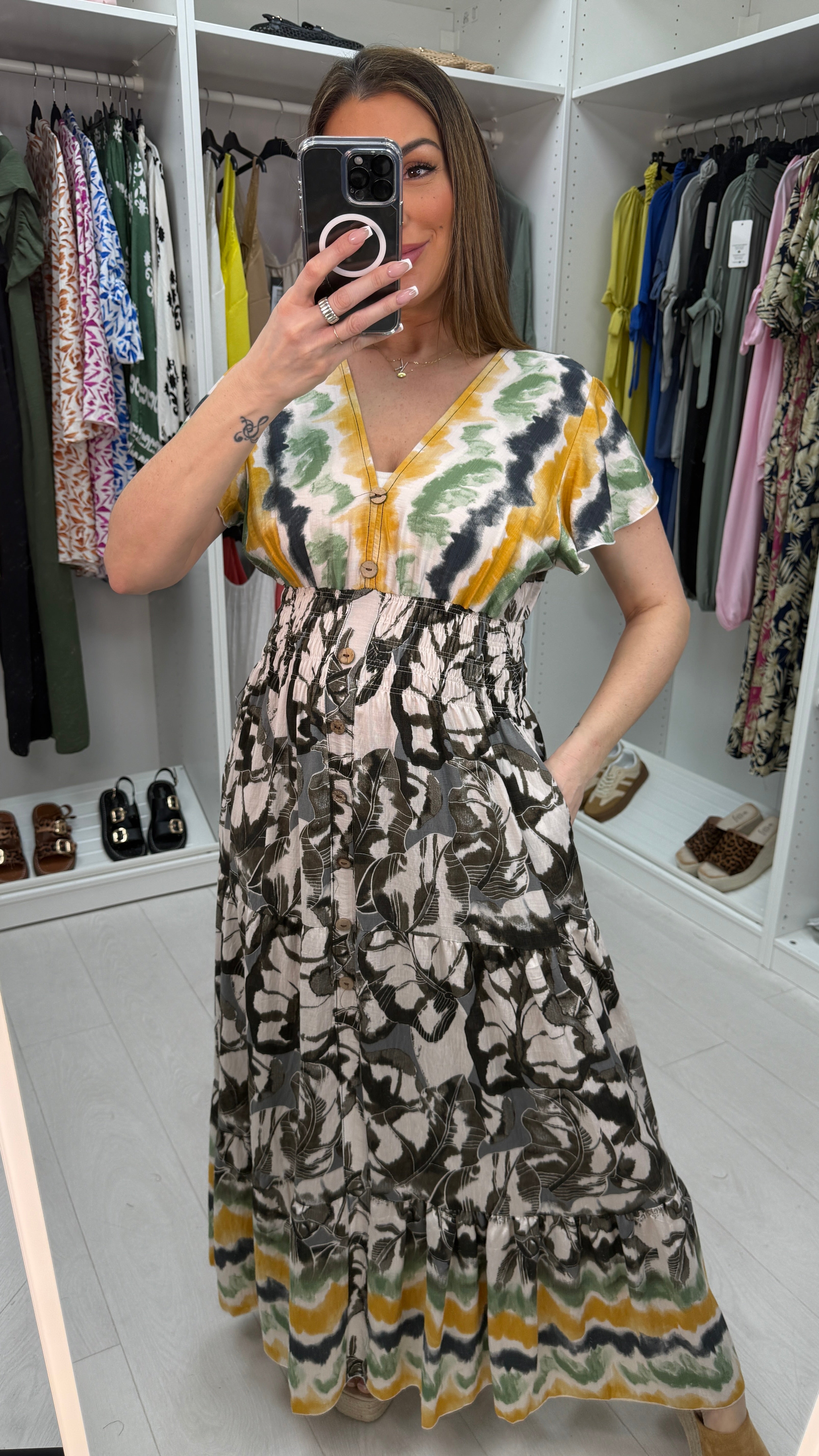 Franklin Abstract Print Button Detailed Maxi Dress