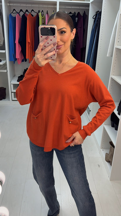 Prya Embellished Pocket V Neck Jumper