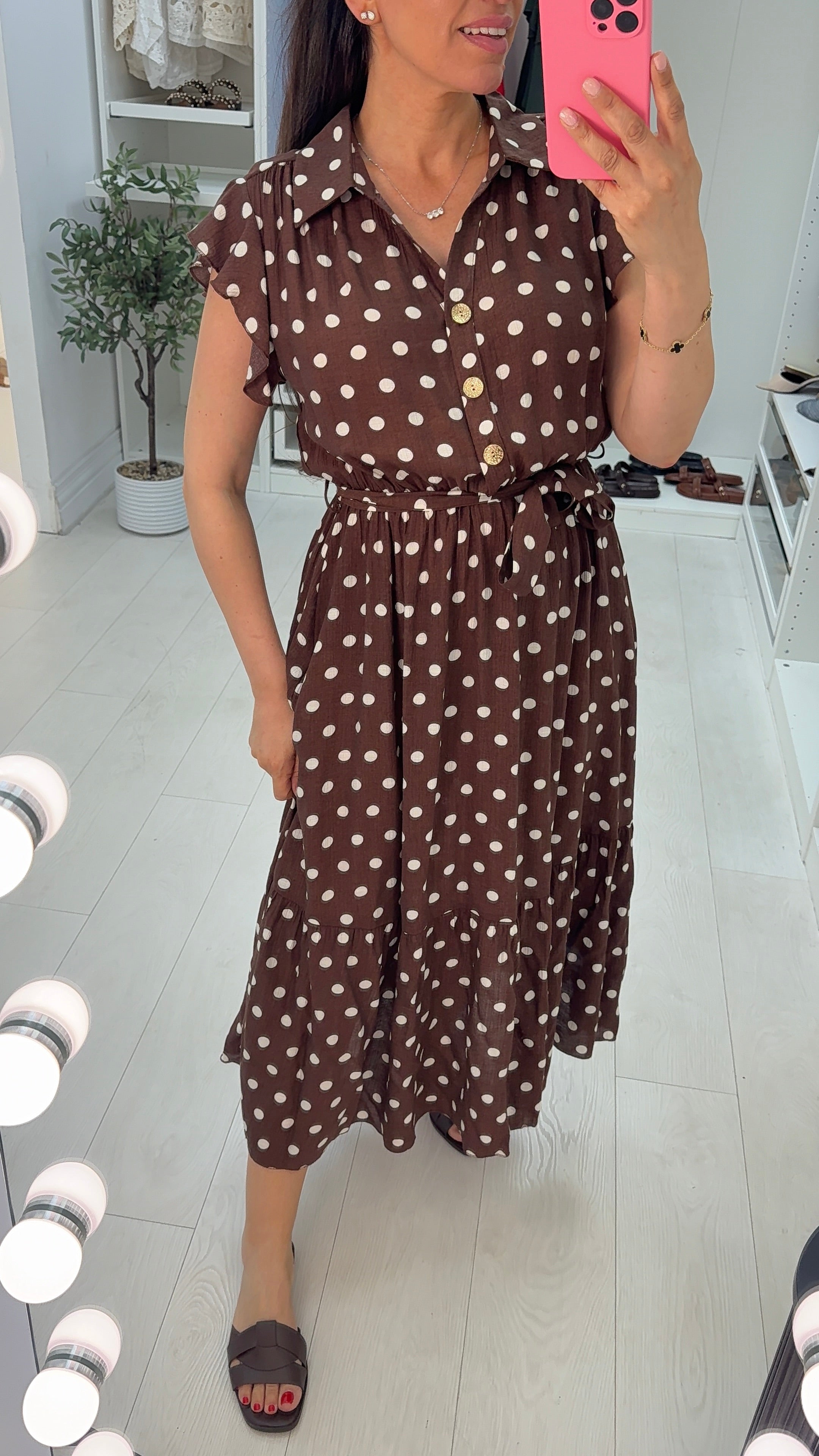 Zinnia Polka Dot Short Sleeve Belted Maxi Dress
