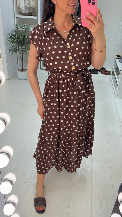 Zinnia Polka Dot Short Sleeve Belted Maxi Dress