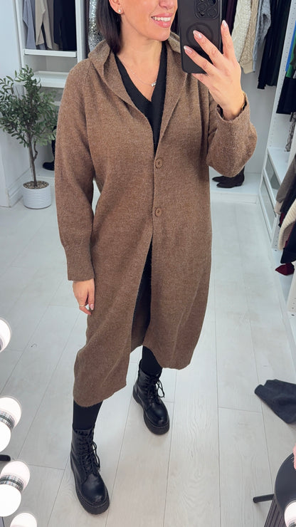 Ottie Plain Button Closure Longline Hooded Cardigan