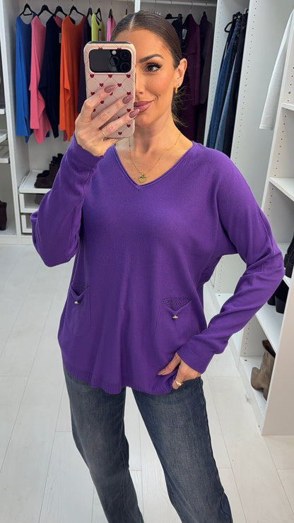 Prya Embellished Pocket V Neck Jumper