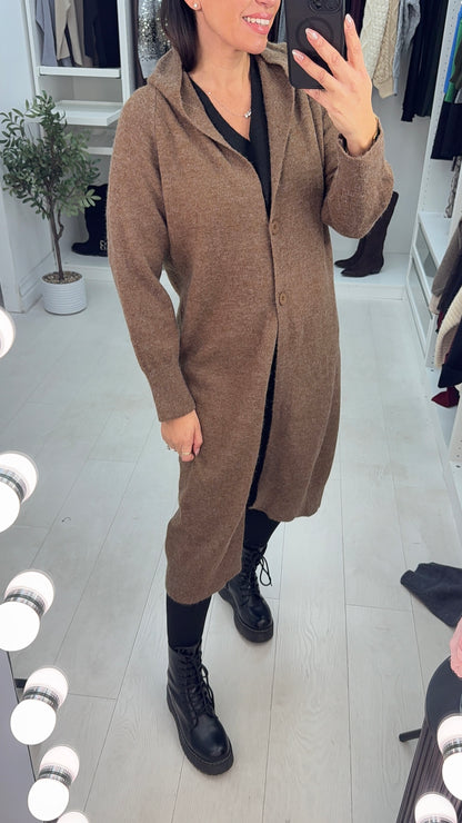 Ottie Plain Button Closure Longline Hooded Cardigan