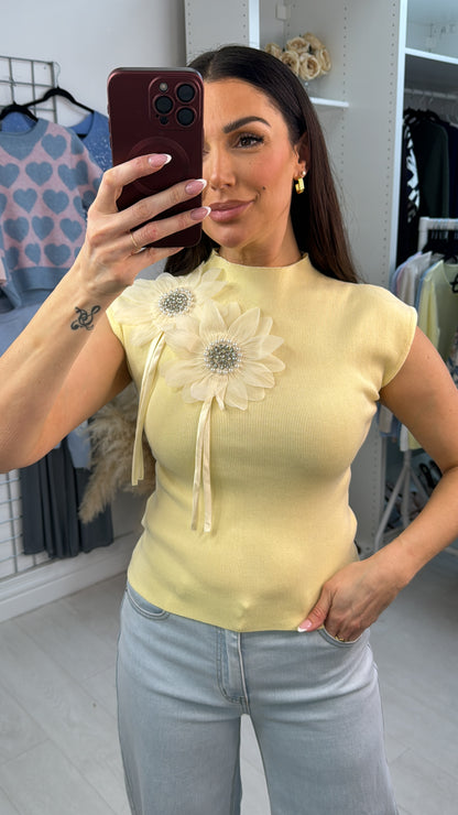 Mara Plain Embellished Flower High Neck Top
